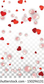 Vector Realistic Petals and Hearts Confetti. Flying Rose and Hearts on Transparent Background. Women's Day Background. Spring Romance Banner. Illustration in Pink for Amour Design.