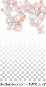 Vector Realistic Petals and Hearts Confetti. Flying Sakura and Hearts on Transparent Background. 8 March Background. Spring Romance Poster. Vector Illustration for Anniversary Design.
