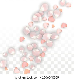 Vector Realistic Petals and Hearts Confetti. Flying Sakura and Hearts on Transparent Background. St. Valentine Day Background. Spring Romance Poster. Vector Illustration for Amour Design.
