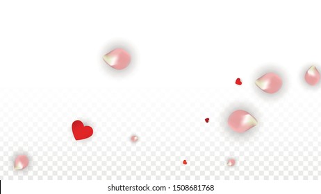 Vector Realistic Petals and Hearts Confetti. Flying Rose and Hearts on Transparent Background. Romantic Love Background. Spring Romance Frame. Illustration in Pink for Proposal Design.