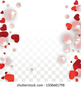 Vector Realistic Petals and Hearts Confetti. Flying Rose and Hearts on Transparent Background. 8 March Background. Spring Romance Frame. Illustration in Pink for Honeymoon Decoration.