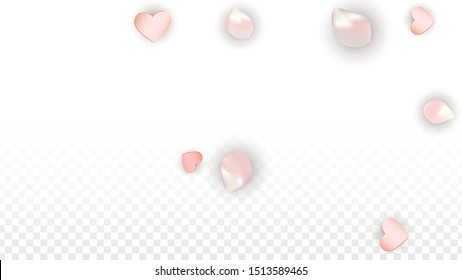 Vector Realistic Petals and Hearts Confetti. Flying Sakura and Hearts on Transparent Background. Women's Day Background. Spring Romance Poster. Vector Illustration for Proposal Design.