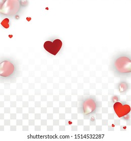 Vector Realistic Petals and Hearts Confetti. Flying Rose and Hearts on Transparent Background. Romantic Love Background. Spring Romance Poster. Illustration in Pink for Proposal Design.