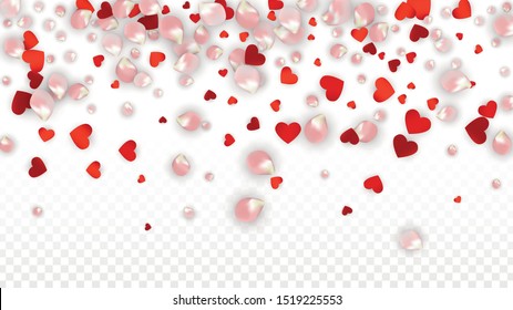Vector Realistic Petals and Hearts Confetti. Flying Rose and Hearts on Transparent Background. 8 March Background. Spring Romance Frame. Illustration in Pink for Honeymoon Decoration.
