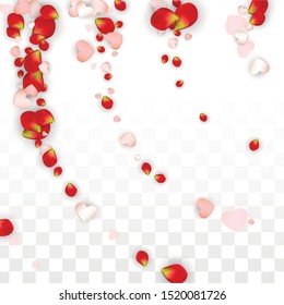Vector Realistic Petals and Hearts Confetti. Flying Rose and Hearts on Transparent Background. Women's Day Background. Spring Romance Frame. Illustration in Pink for Proposal Design.