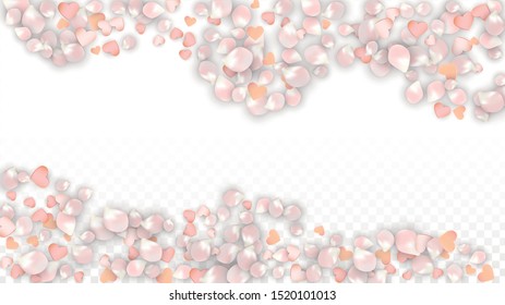 Vector Realistic Petals and Hearts Confetti. Flying Sakura and Hearts on Transparent Background. Women's Day Background. Spring Romance Frame. Vector Illustration for Honeymoon Design.