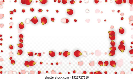 Vector Realistic Petals and Hearts Confetti. Flying Rose and Hearts on Transparent Background. St. Valentine Day Background. Spring Romance Banner. Illustration in Pink for Honeymoon Decoration.