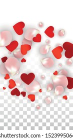 Vector Realistic Petals and Hearts Confetti. Flying Rose and Hearts on Transparent Background. Romantic Love Background. Spring Romance Poster. Illustration in Pink for Proposal Design.