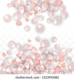Vector Realistic Petals and Hearts Confetti. Flying Sakura and Hearts on Transparent Background. Wedding Invitation Background. Spring Romance Card. Vector Illustration for Anniversary Design.