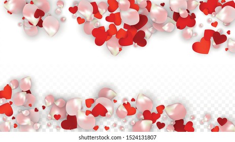 Vector Realistic Petals and Hearts Confetti. Flying Rose and Hearts on Transparent Background. Wedding Invitation Background. Spring Romance Poster. Illustration in Pink for Anniversary Decoration.
