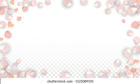 Vector Realistic Petals and Hearts Confetti. Flying Sakura and Hearts on Transparent Background. 8 March Background. Spring Romance Flyer. Vector Illustration for Amour Design.
