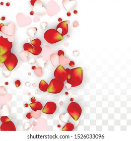 Vector Realistic Petals and Hearts Confetti. Flying Rose and Hearts on Transparent Background. Romantic Love Background. Spring Romance Design. Illustration in Pink for Honeymoon Decoration.
