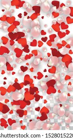 Vector Realistic Petals and Hearts Confetti. Flying Rose and Hearts on Transparent Background. Wedding Invitation Background. Spring Romance Design. Illustration in Pink for Anniversary Decoration.