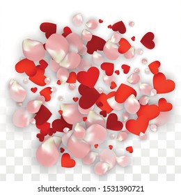 Vector Realistic Petals and Hearts Confetti. Flying Rose and Hearts on Transparent Background. Mother Day Background. Spring Romance Design. Illustration in Pink for Proposal Design.