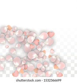 Vector Realistic Petals and Hearts Confetti. Flying Sakura and Hearts on Transparent Background. Wedding Invitation Background. Spring Romance Banner. Vector Illustration for Anniversary Design.