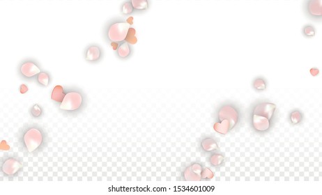 Vector Realistic Petals and Hearts Confetti. Flying Sakura and Hearts on Transparent Background. St. Valentine Day Background. Spring Romance Frame. Vector Illustration for Proposal Design.