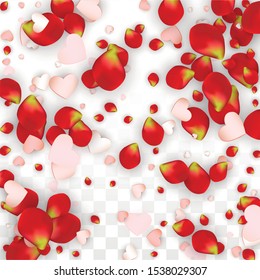 Vector Realistic Petals and Hearts Confetti. Flying Rose and Hearts on Transparent Background. Romantic Love Background. Spring Romance Border. Illustration in Pink for Proposal Design.