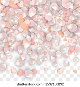 Vector Realistic Petals and Hearts Confetti. Flying Sakura and Hearts on Transparent Background. Mother Day Background. Spring Romance Banner. Vector Illustration for Amour Design.