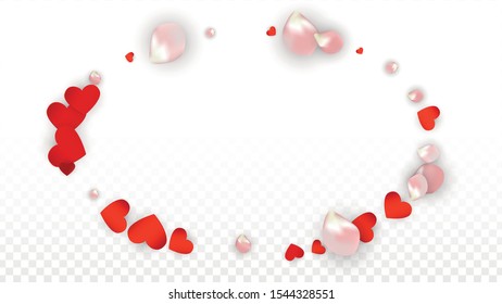 Vector Realistic Petals and Hearts Confetti. Flying Rose and Hearts on Transparent Background. Mother Day Background. Spring Romance Card. Illustration in Pink for Amour Design.