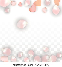 Vector Realistic Petals and Hearts Confetti. Flying Sakura and Hearts on Transparent Background. Wedding Invitation Background. Spring Romance Border. Vector Illustration for Amour Design.