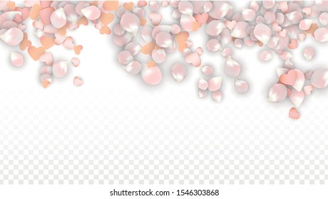 Vector Realistic Petals and Hearts Confetti. Flying Sakura and Hearts on Transparent Background. Women's Day Background. Spring Romance Poster. Vector Illustration for Honeymoon Design.