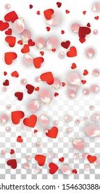 Vector Realistic Petals and Hearts Confetti. Flying Rose and Hearts on Transparent Background. St. Valentine Day Background. Spring Romance Banner. Illustration in Pink for Anniversary Decoration.
