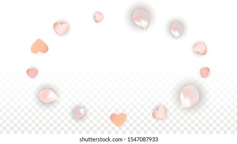 Vector Realistic Petals and Hearts Confetti. Flying Sakura and Hearts on Transparent Background. 8 March Background. Spring Romance Border. Vector Illustration for Amour Design.