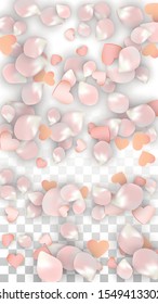 Vector Realistic Petals and Hearts Confetti. Flying Sakura and Hearts on Transparent Background. Wedding Invitation Background. Spring Romance Flyer. Vector Illustration for Amour Design.