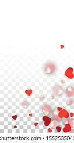 Vector Realistic Petals and Hearts Confetti. Flying Rose and Hearts on Transparent Background. St. Valentine Day Background. Spring Romance Poster. Illustration in Pink for Proposal Design.