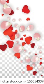 Vector Realistic Petals and Hearts Confetti. Flying Rose and Hearts on Transparent Background. Women's Day Background. Spring Romance Flyer. Illustration in Pink for Honeymoon Decoration.