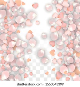 Vector Realistic Petals and Hearts Confetti. Flying Sakura and Hearts on Transparent Background. Mother Day Background. Spring Romance Banner. Vector Illustration for Honeymoon Design.