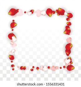 Vector Realistic Petals and Hearts Confetti. Flying Rose and Hearts on Transparent Background. St. Valentine Day Background. Spring Romance Design. Illustration in Pink for Amour Design.