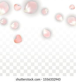 Vector Realistic Petals and Hearts Confetti. Flying Sakura and Hearts on Transparent Background. Romantic Love Background. Spring Romance Design. Vector Illustration for Anniversary Design.