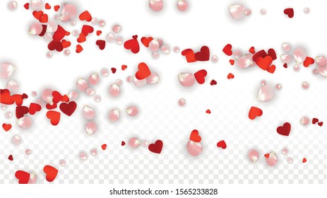 Vector Realistic Petals and Hearts Confetti. Flying Rose and Hearts on Transparent Background. St. Valentine Day Background. Spring Romance Frame. Illustration in Pink for Anniversary Decoration.