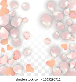 Vector Realistic Petals and Hearts Confetti. Flying Sakura and Hearts on Transparent Background. Women's Day Background. Spring Romance Frame. Vector Illustration for Amour Design.