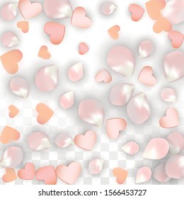 Vector Realistic Petals and Hearts Confetti. Flying Sakura and Hearts on Transparent Background. Women's Day Background. Spring Romance Border. Vector Illustration for Honeymoon Design.