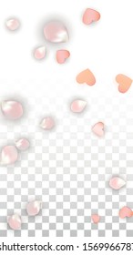 Vector Realistic Petals and Hearts Confetti. Flying Sakura and Hearts on Transparent Background. Romantic Love Background. Spring Romance Border. Vector Illustration for Amour Design.