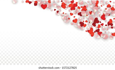 Vector Realistic Petals and Hearts Confetti. Flying Rose and Hearts on Transparent Background. St. Valentine Day Background. Spring Romance Design. Illustration in Pink for Honeymoon Decoration.