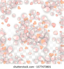 Vector Realistic Petals and Hearts Confetti. Flying Sakura and Hearts on Transparent Background. Women's Day Background. Spring Romance Frame. Vector Illustration for Honeymoon Design.