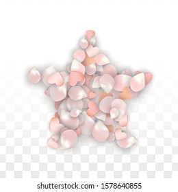 Vector Realistic Petals and Hearts Confetti. Flying Sakura and Hearts on Transparent Background. 8 March Background. Spring Romance Banner. Vector Illustration for Amour Design.
