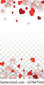 Vector Realistic Petals and Hearts Confetti. Flying Rose and Hearts on Transparent Background. Romantic Love Background. Spring Romance Flyer. Illustration in Pink for Amour Design.