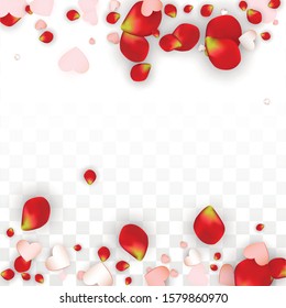 Vector Realistic Petals and Hearts Confetti. Flying Rose and Hearts on Transparent Background. Wedding Invitation Background. Spring Romance Banner. Illustration in Pink for Anniversary Decoration.