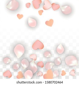 Vector Realistic Petals and Hearts Confetti. Flying Sakura and Hearts on Transparent Background. Romantic Love Background. Spring Romance Flyer. Vector Illustration for Honeymoon Design.