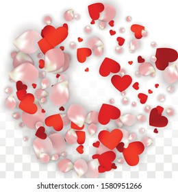 Vector Realistic Petals and Hearts Confetti. Flying Rose and Hearts on Transparent Background. Romantic Love Background. Spring Romance Card. Illustration in Pink for Amour Design.