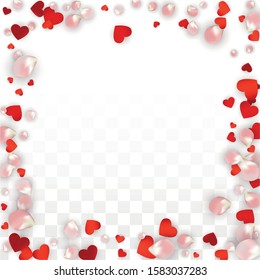 Vector Realistic Petals and Hearts Confetti. Flying Rose and Hearts on Transparent Background. St. Valentine Day Background. Spring Romance Poster. Illustration in Pink for Proposal Design.