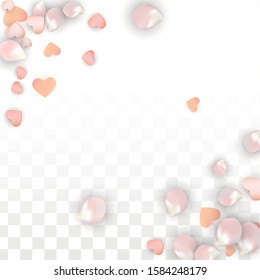 Vector Realistic Petals and Hearts Confetti. Flying Sakura and Hearts on Transparent Background. St. Valentine Day Background. Spring Romance Card. Vector Illustration for Amour Design.