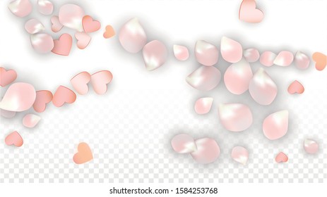 Vector Realistic Petals and Hearts Confetti. Flying Sakura and Hearts on Transparent Background. Women's Day Background. Spring Romance Card. Vector Illustration for Honeymoon Design.