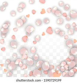 Vector Realistic Petals and Hearts Confetti. Flying Sakura and Hearts on Transparent Background. 8 March Background. Spring Romance Poster. Vector Illustration for Anniversary Design.