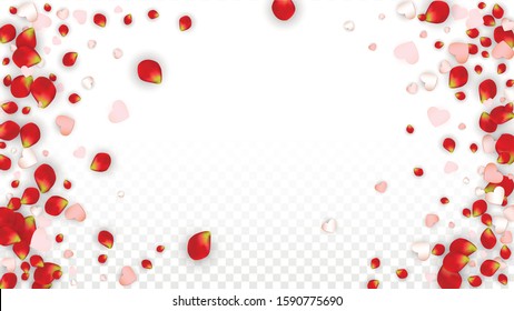 Vector Realistic Petals and Hearts Confetti. Flying Rose and Hearts on Transparent Background. Romantic Love Background. Spring Romance Border. Illustration in Pink for Proposal Design.