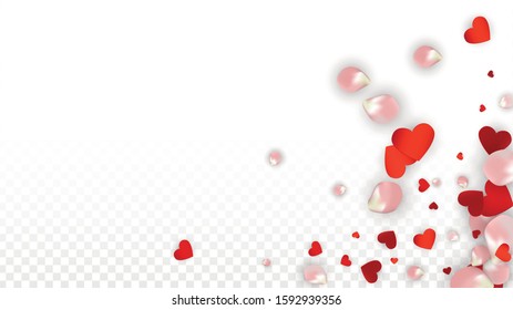Vector Realistic Petals and Hearts Confetti. Flying Rose and Hearts on Transparent Background. Women's Day Background. Spring Romance Poster. Illustration in Pink for Anniversary Decoration.